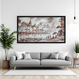 Hand-painted Banaras Ghat acrylic wall art with temples and boats in black floater frame – Indian traditional canvas painting