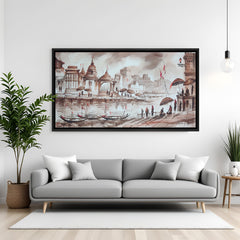 Hand-painted Banaras Ghat acrylic wall art with temples and boats in black floater frame – Indian traditional canvas painting