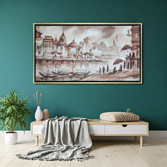 Hand-painted Banaras Ghat acrylic wall art with temples and boats in golden floater frame – Indian heritage canvas painting
