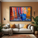 Hand painted boat canvas wall art with colorful water reflections in black floater frame – modern living room wall decor