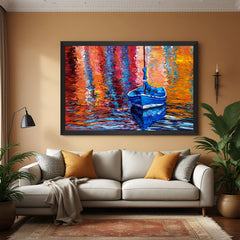 Hand painted boat canvas wall art with colorful water reflections in black floater frame – modern living room wall decor