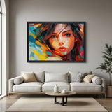 Hand painted canvas wall art of colorful woman portrait in black floater frame for living room décor