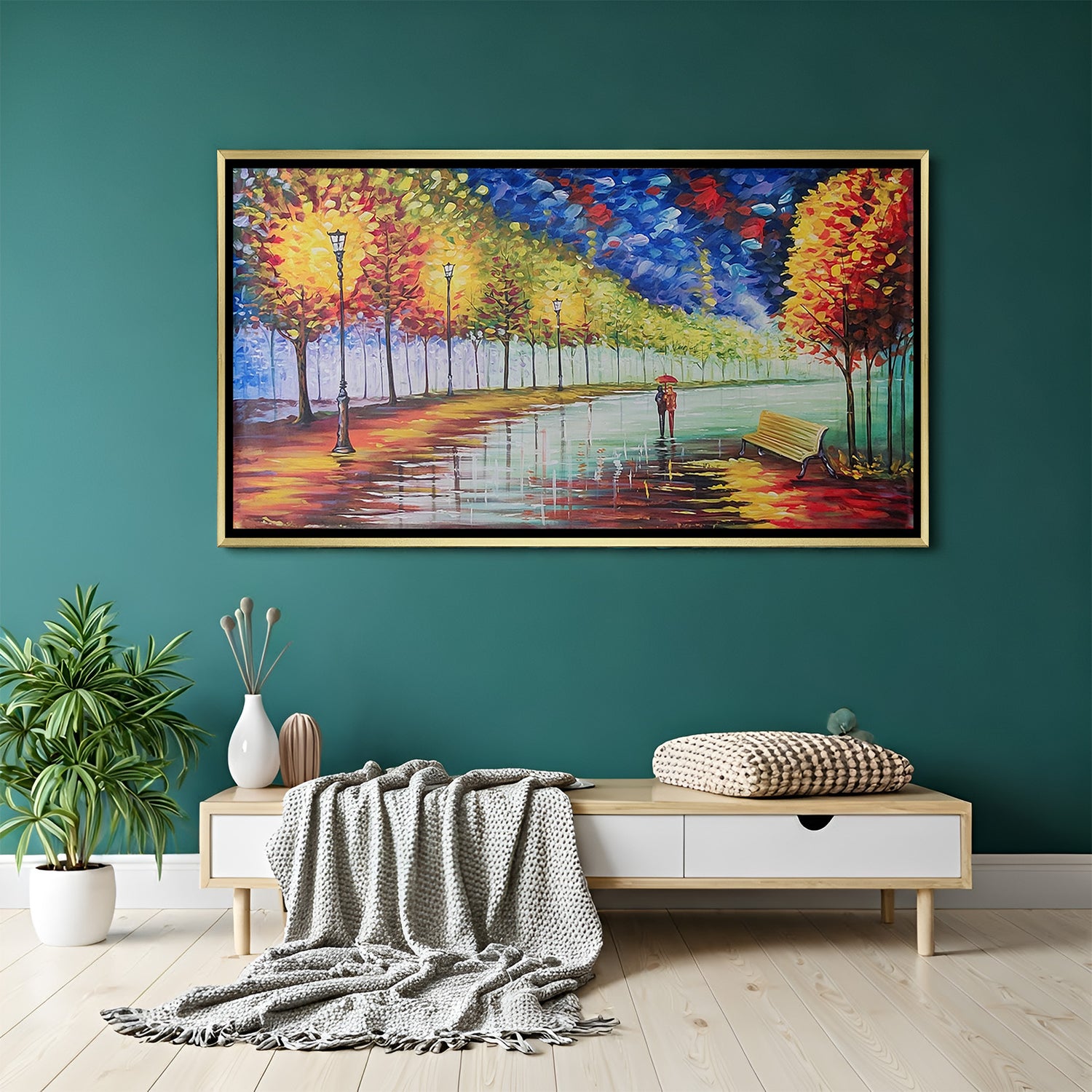 Hand-painted colorful park wall art with autumn trees and umbrella couple in golden floater frame – vibrant impressionist acrylic painting