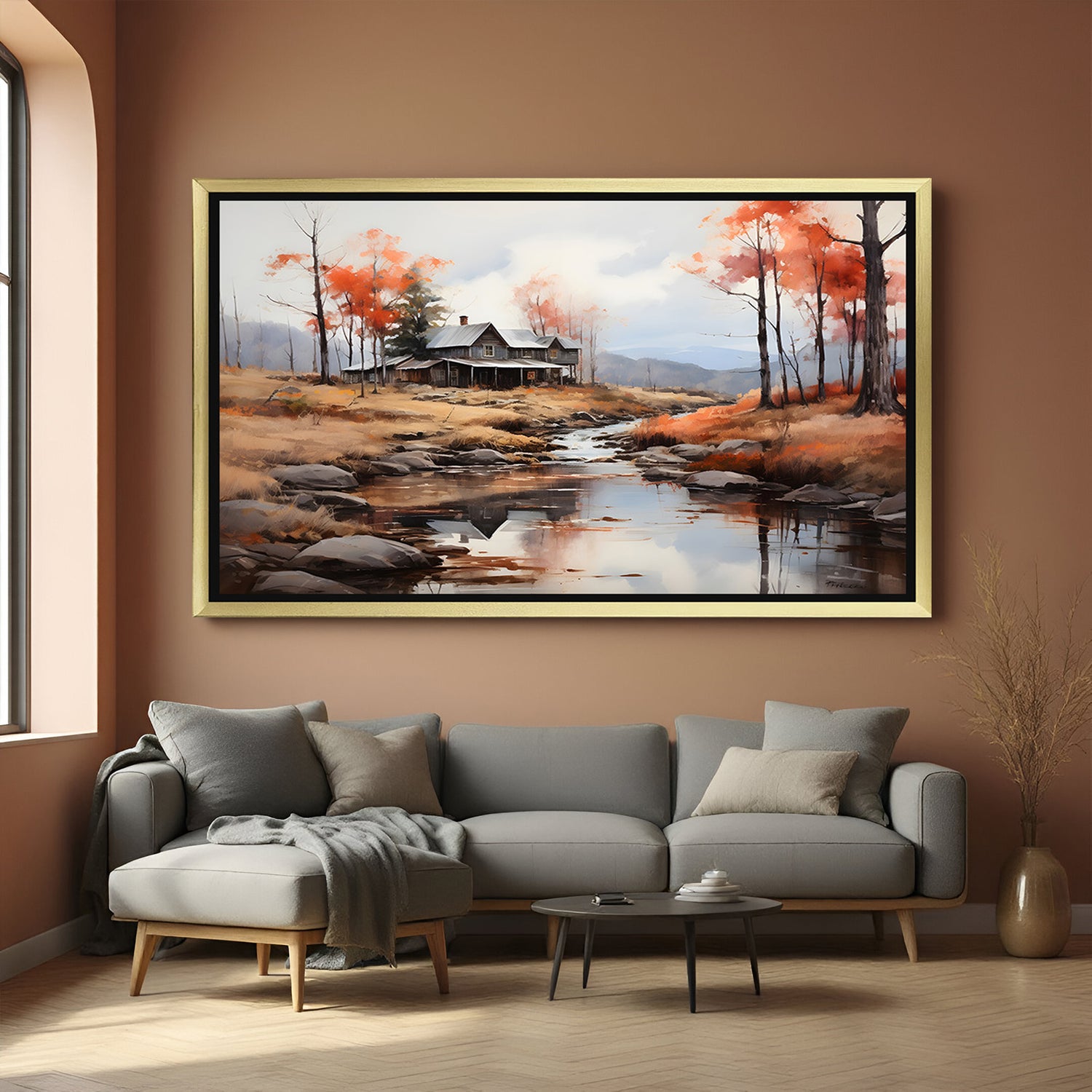 Luxury hand painted countryside landscape canvas wall art in golden floater frame – elegant wall decor for bedroom, office, and living spaces