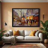 Hand-painted European street scene wall art with glowing lights and vintage charm in black floater frame – acrylic cityscape canvas painting
