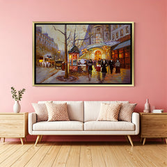 Hand-painted European street scene wall art with glowing lights and vintage charm in golden floater frame – acrylic cityscape canvas painting
