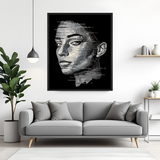 Hand-painted monochrome woman portrait in grayscale tones with black floater frame – modern abstract acrylic canvas painting