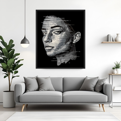 Hand-painted monochrome woman portrait in grayscale tones with black floater frame – modern abstract acrylic canvas painting