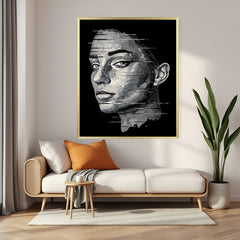 Hand-painted monochrome woman portrait in grayscale tones with golden floater frame – abstract acrylic canvas painting for modern interiors