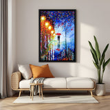 Hand-painted romantic couple wall art with umbrella in glowing street under black floater frame – impressionist acrylic canvas painting