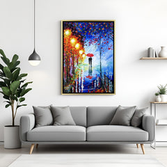 Hand-painted romantic couple wall art with umbrella in glowing street under golden floater frame – impressionist acrylic canvas painting