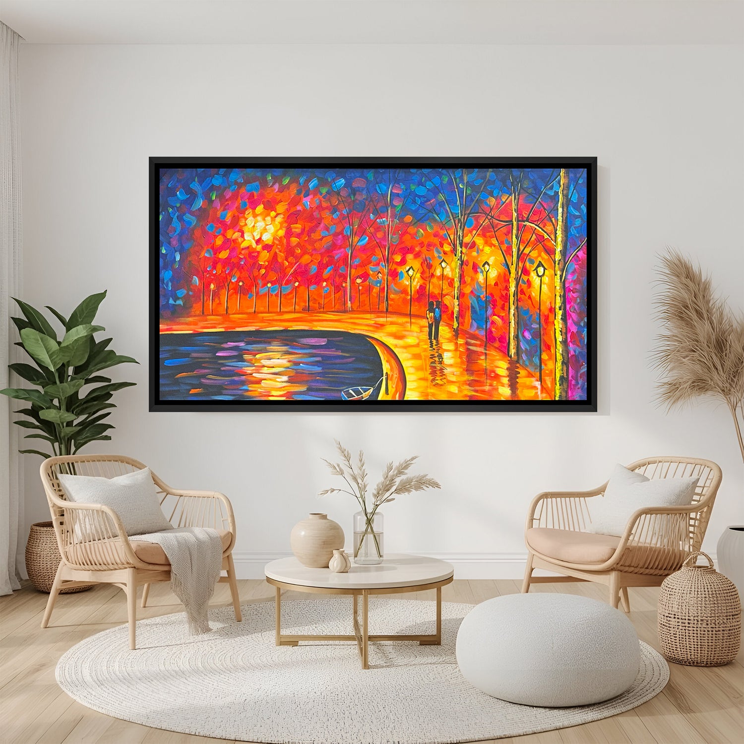Hand-painted romantic park wall art with colorful trees and riverside couple in black floater frame – impressionist acrylic canvas painting