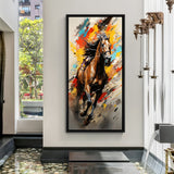 Hand-painted running horse wall art with bold abstract strokes in black floater frame – acrylic canvas painting for power and success