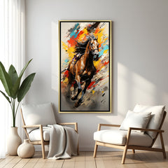 Hand-painted running horse wall art with bold abstract strokes in golden floater frame – modern acrylic canvas painting with Vastu symbolism