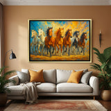 Luxury hand painted seven running horses canvas wall art in golden floater frame – modern wall decor for home and office spaces