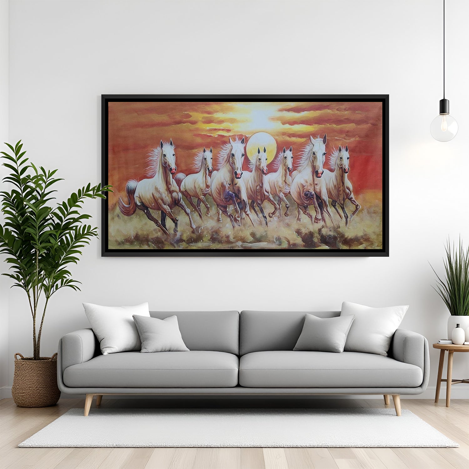 Hand-painted seven running horses wall art with rising sun in black floater frame – Vastu acrylic canvas painting for success and prosperity