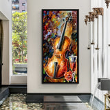 Hand-painted violin wall art with rose and wine glass in black floater frame – musical abstract acrylic canvas painting