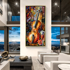 Hand-painted violin wall art with rose and wine glass in golden floater frame – modern musical abstract acrylic painting