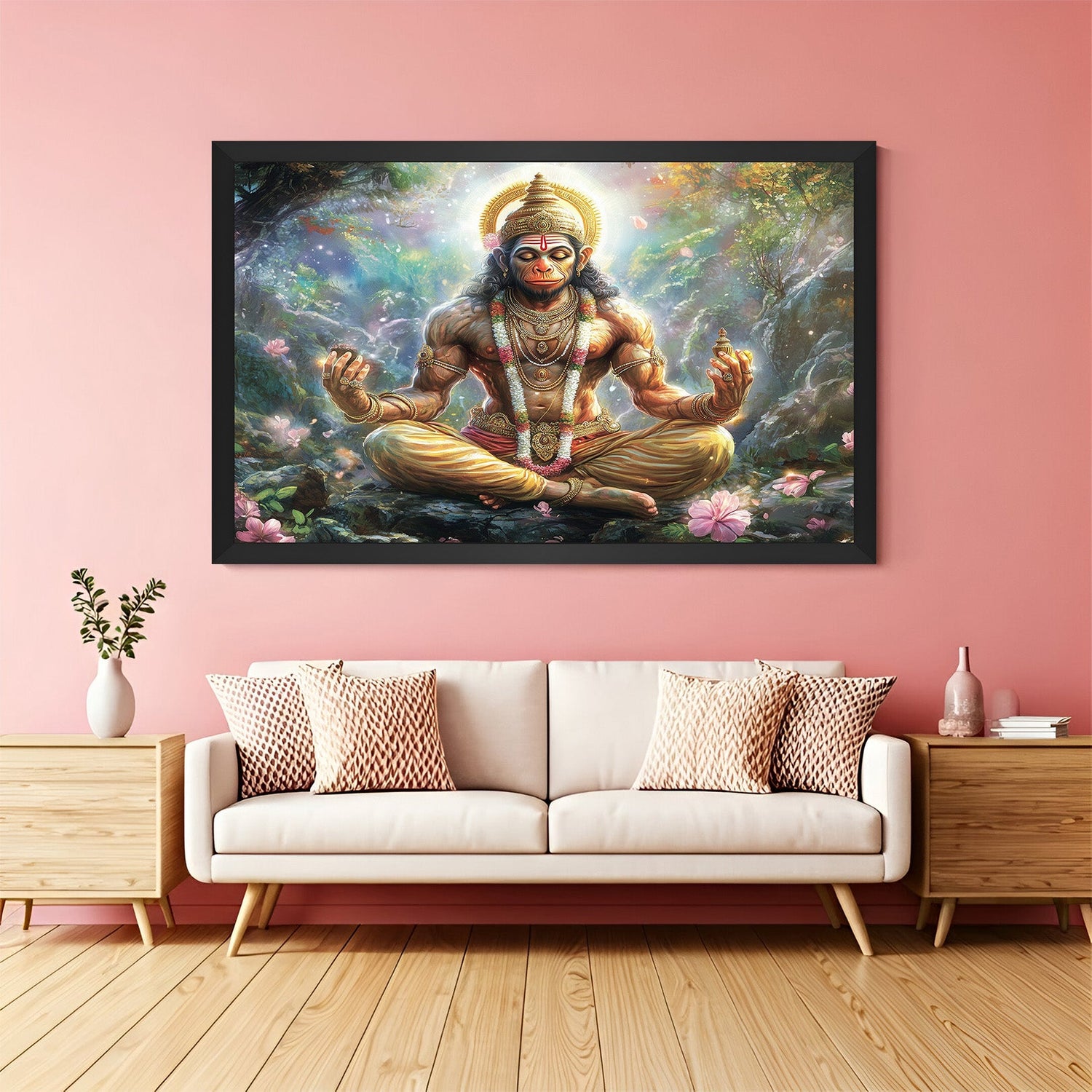 Black floater frame Lord Hanuman canvas painting for spiritual strength, positivity, and vastu energy in home or office