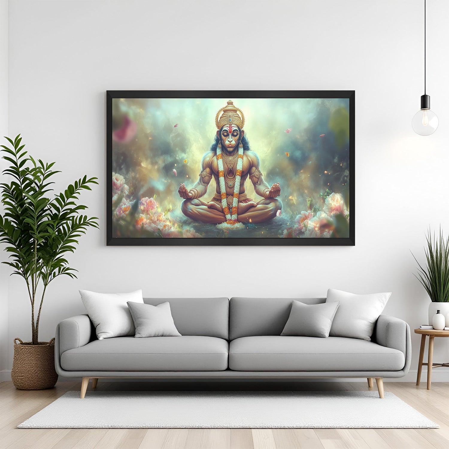 Black frame Lord Hanuman vastu canvas artwork symbolizing courage, spiritual strength, and energy in modern interiors