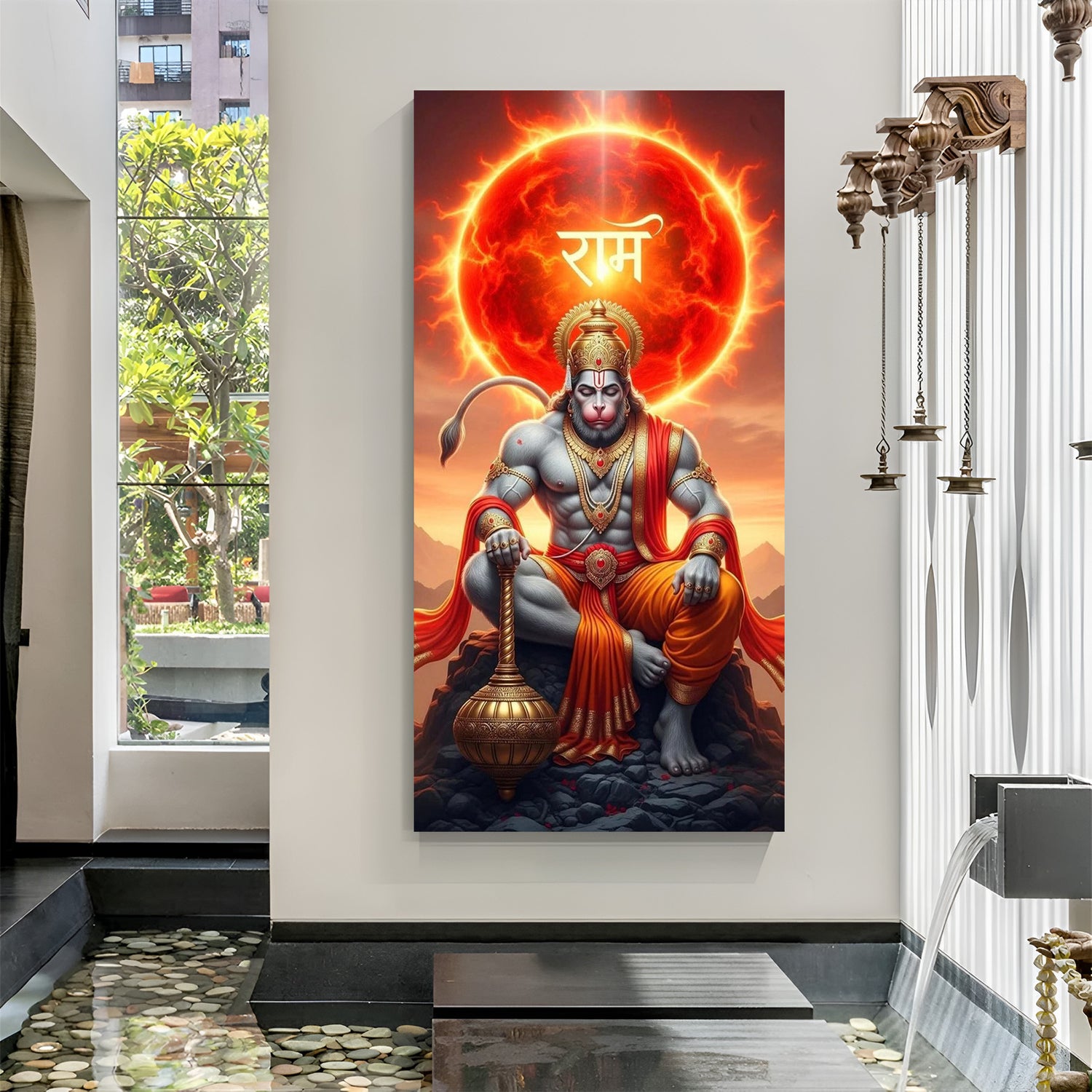 divine hanuman ji canvas wall art with ram aura symbolizing devotion strength faith and spiritual protection in home decor