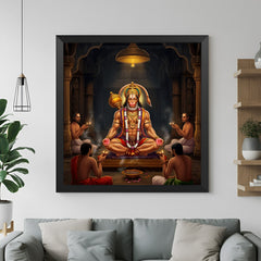 Hanuman Ji Canvas Painting in black floater frame for divine wall decor and Vastu energy in home or workplace interiors