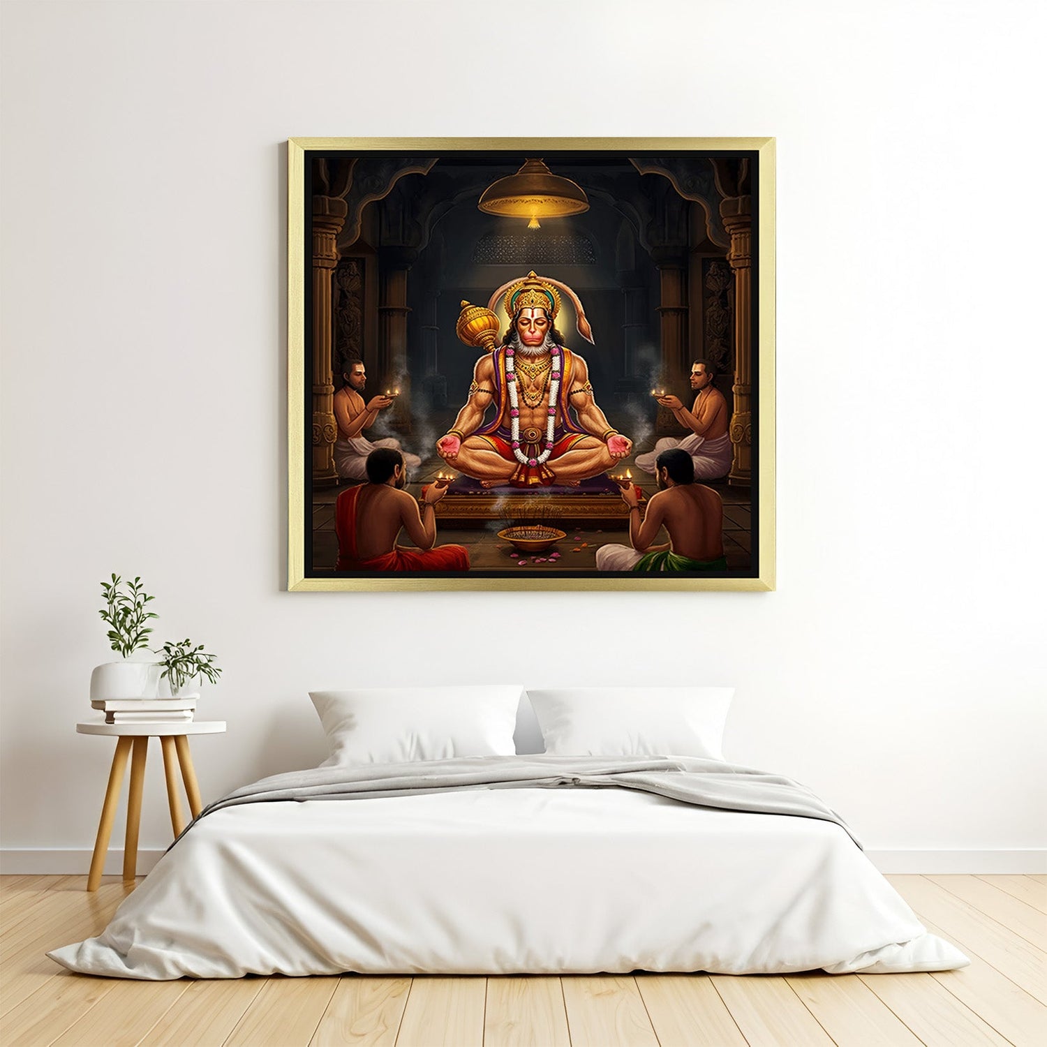 Hanuman Ji Wall Art in golden floater frame for powerful Vastu wall painting, spiritual strength, and sacred home decor