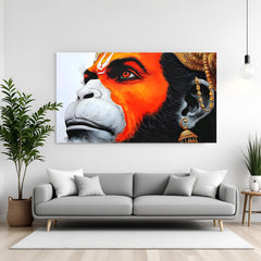Hanuman Ji Celestial Vision of Devotion canvas wall art featuring an orange-faced Hanuman Ji looking toward the sky in premium canvas wrapped frame