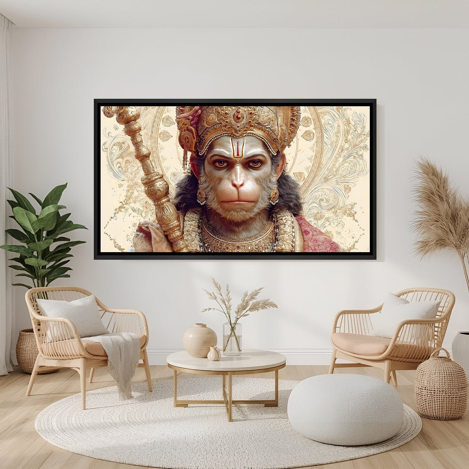 Hanuman Ji Divine Gaze wall painting in black floater frame with powerful spiritual portrait artwork
