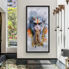 elegant hanuman ji canvas wall art in black floater frame bringing calm devotional ambiance to living room prayer or meditation area