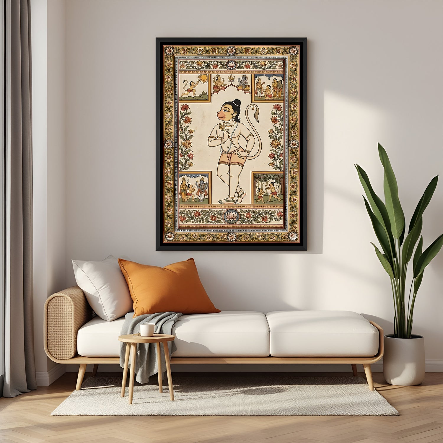 Divine Hanuman Madhubani artwork in elegant black floater frame for spiritual and modern interiors