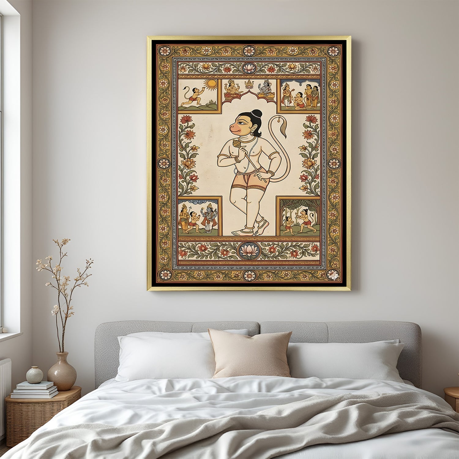 Lord Hanuman Madhubani painting canvas in luxury golden floater frame with vibrant traditional design