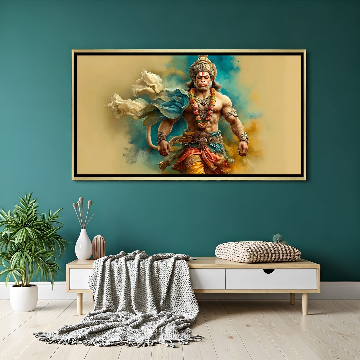 Hanuman Ji Path of Silent Strength artwork in luxury golden floater frame featuring a peaceful devotional walking portrait