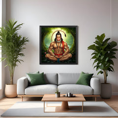Hanuman ji painting in black floater frame with bold artwork, divine presence, and vastu energy for temple corners or gym walls
