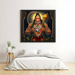 Hanuman Ji Vastu Canvas Painting in black floater frame for powerful spiritual energy, wall decor, and strength