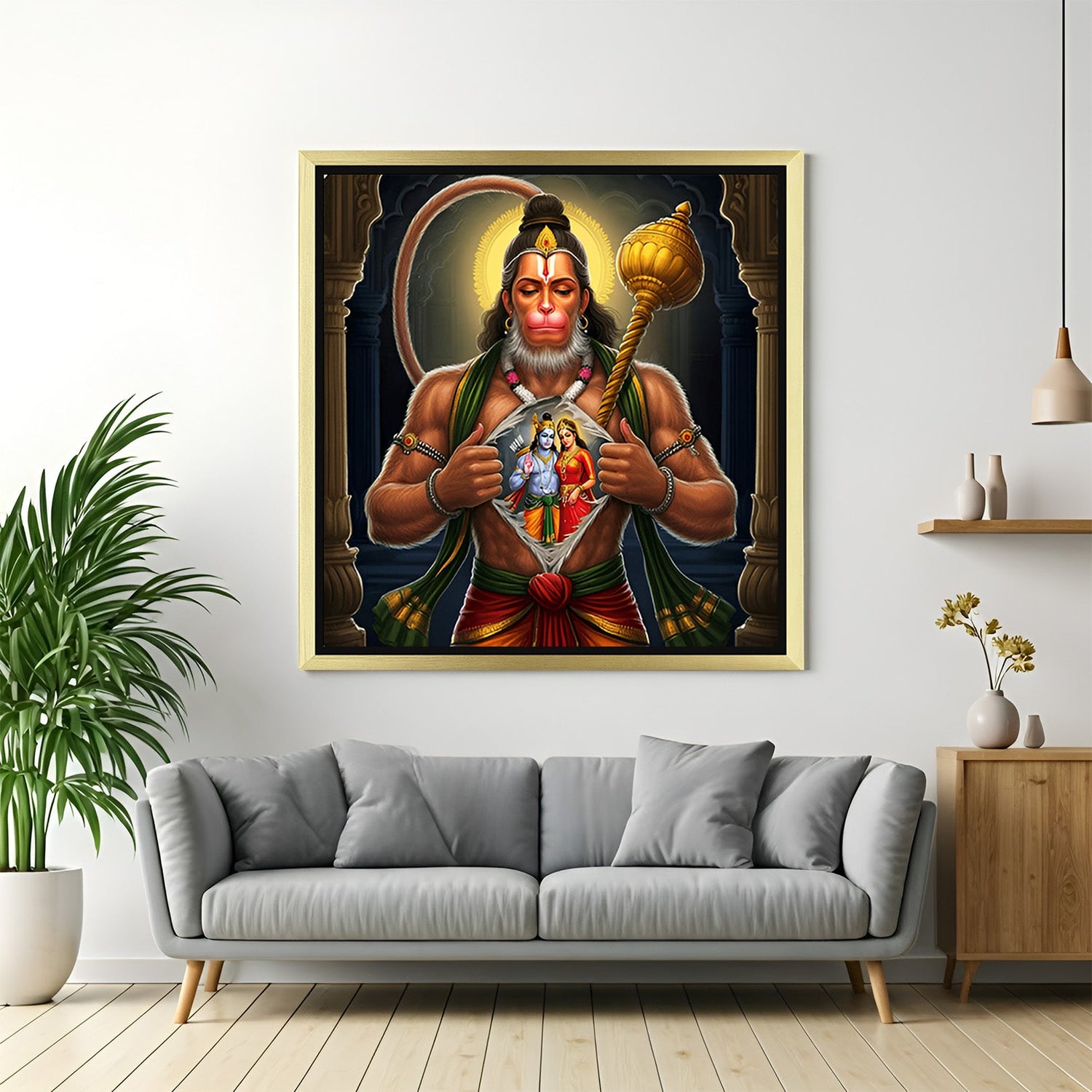 Hanuman Ji Artwork in golden floater frame for Vastu harmony, divine protection, and strength-inspired home decor
