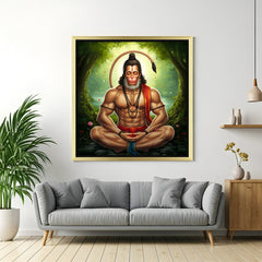 Hanuman ji vastu canvas wall art in golden floater frame featuring spiritual power, traditional detail, and vastu harmony for sacred or strength-focused decor