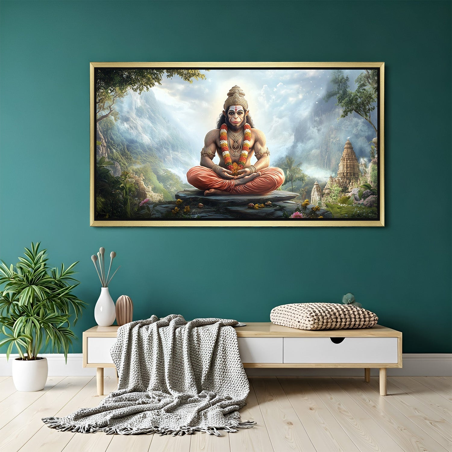 Golden frame Hanuman Ji vastu painting symbolizing power, faith, and divine blessings for sacred home decor and spiritual upliftment