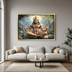 Golden floater frame Lord Hanuman canvas wall art for Vastu correction, divine protection, and peaceful energy flow
