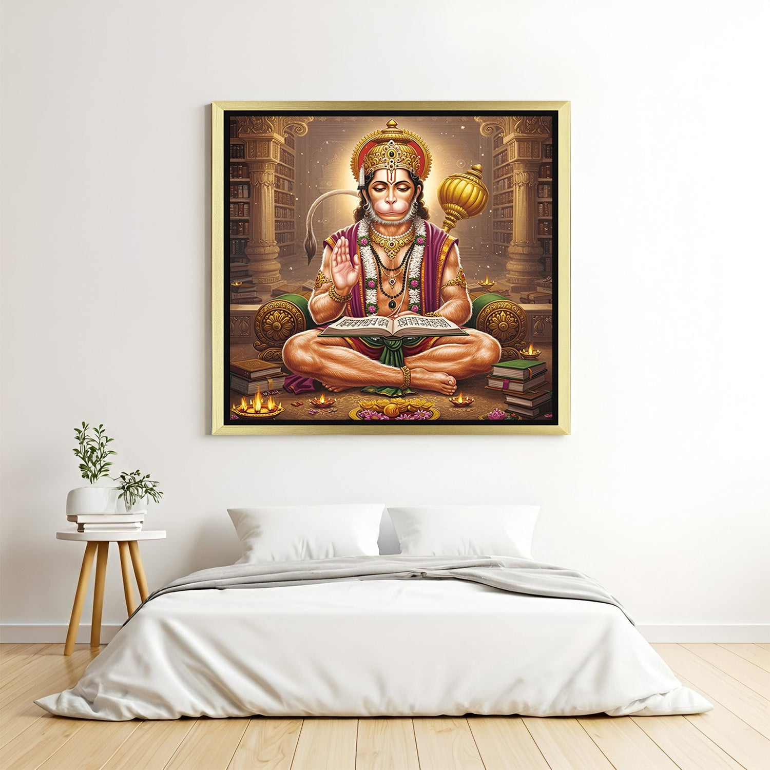 Golden frame Lord Hanuman vastu wall art offering divine energy, courage, and protection in a sacred, spiritual home environment