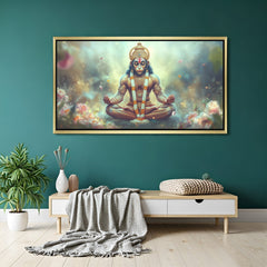 Golden frame Hanuman canvas art for vastu-based peace, divine strength, and powerful home ambiance