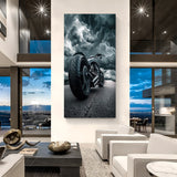 Canvas wall art of Harley Davidson in an action scene during stormy weather—perfect for biker lovers and rugged, masculine interiors