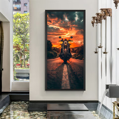 Black frame version of Harley Davidson motorcycle at sunset, ideal for masculine, rustic, and classic room themes