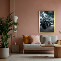 Golden frame wall art of Harley Davidson motorcycle in storm setting—striking decor for fans of rugged bike lifestyle