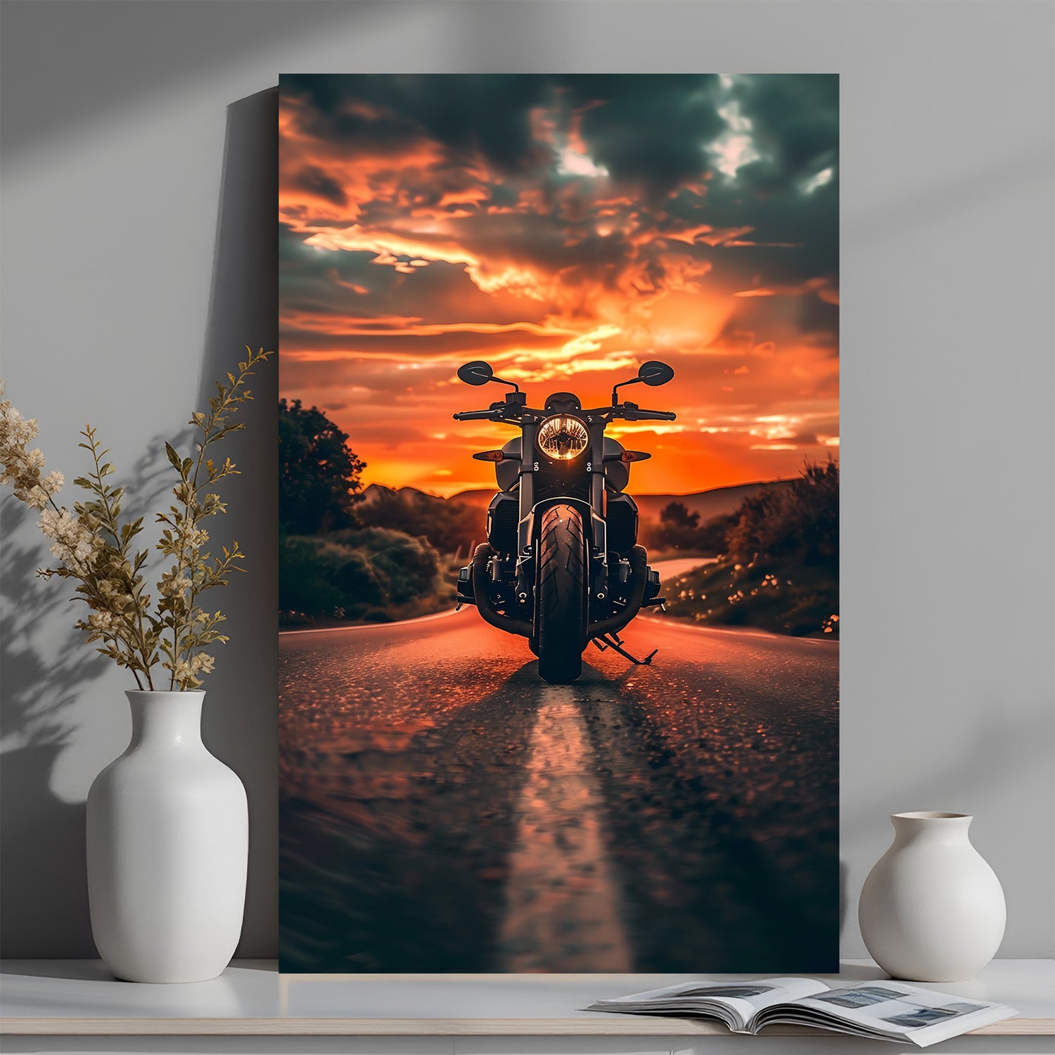 Canvas wall art of Harley Davidson bike during a scenic sunset, perfect for vintage motorcycle lovers and retro interior styling