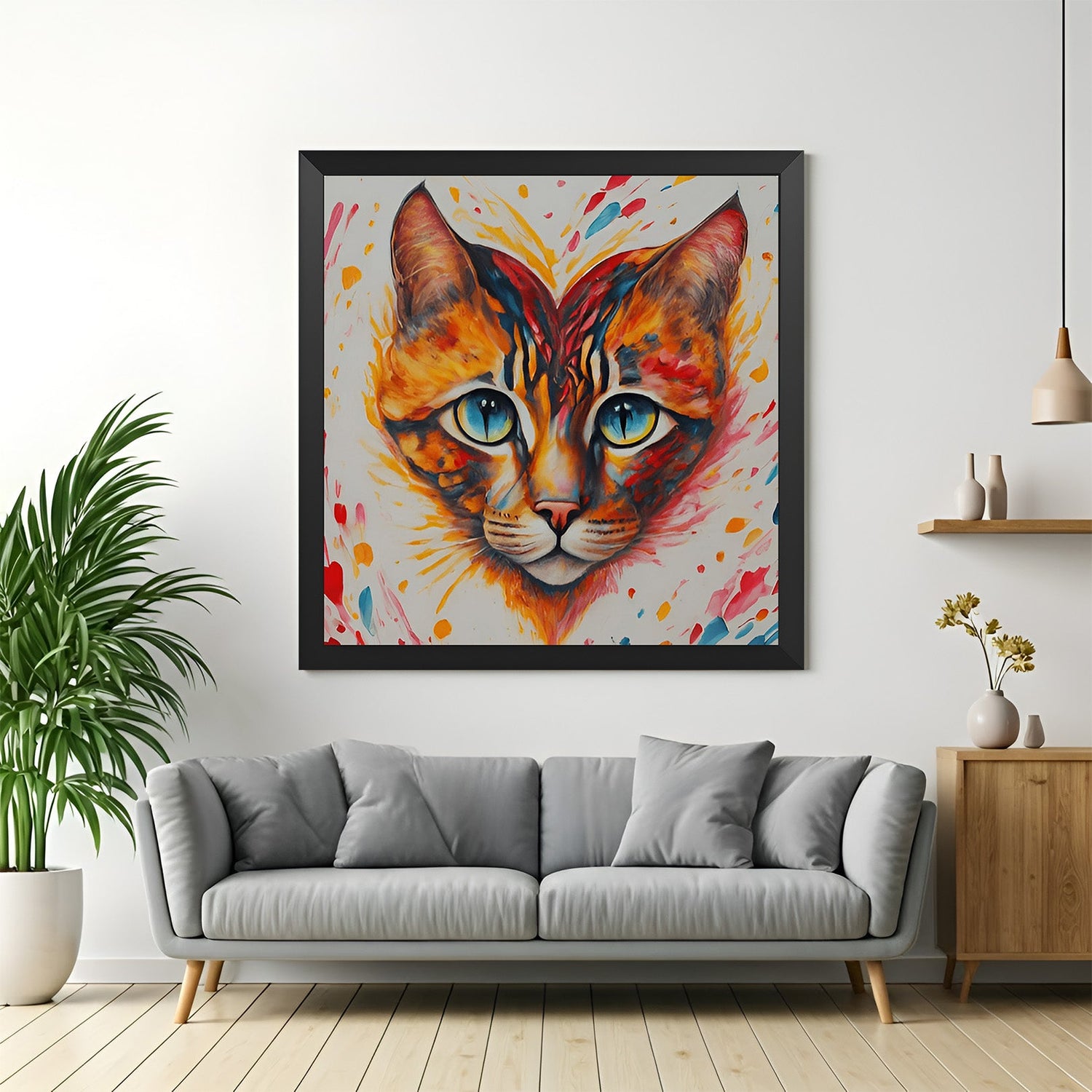 Heart shaped cat canvas in black floater frame, stylish pet wall art for kids’ rooms and cozy living spaces