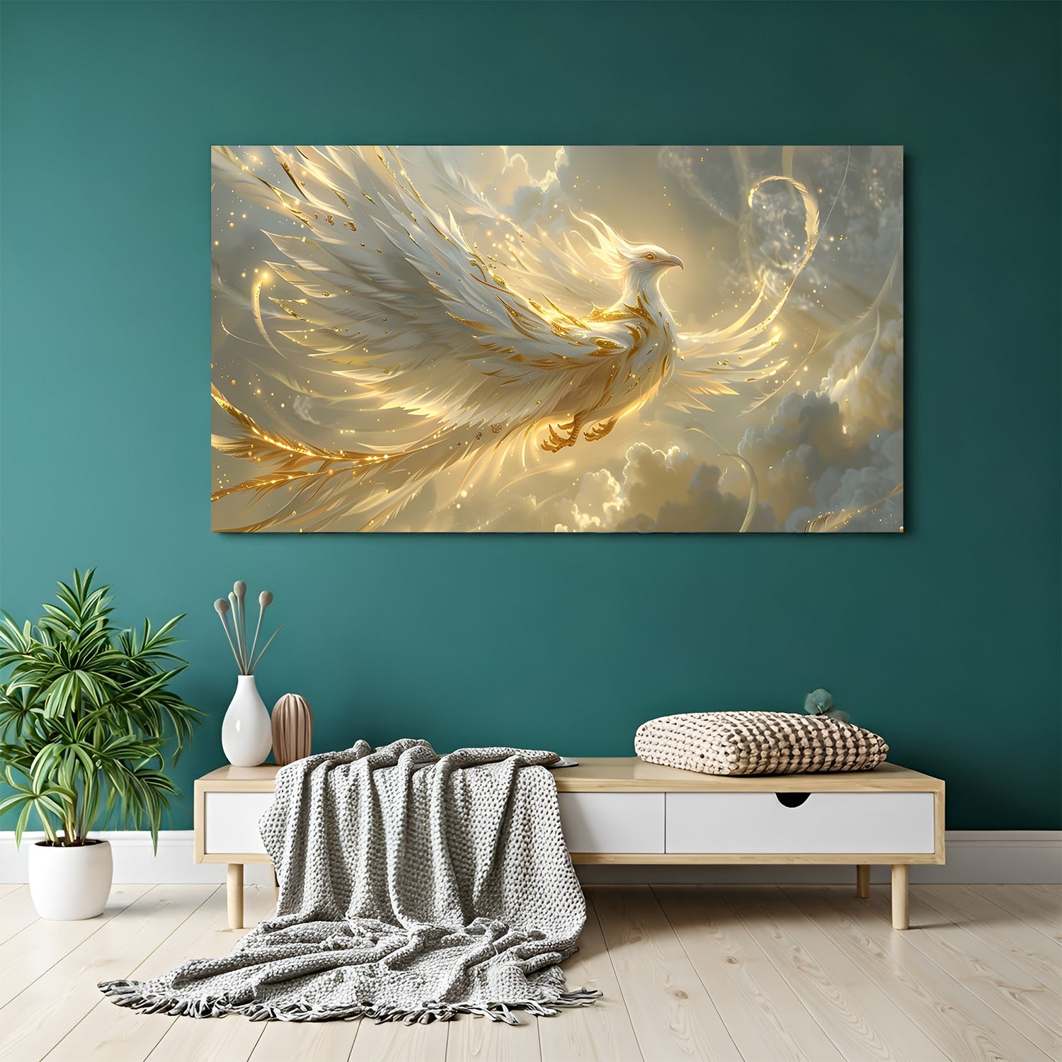 Large panoramic white and gold phoenix wall art soaring through luminous clouds with elegant golden accents.