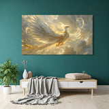 Large panoramic white and gold phoenix wall art soaring through luminous clouds with elegant golden accents.