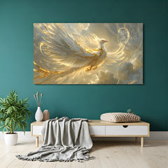 Large panoramic white and gold phoenix wall art soaring through luminous clouds with elegant golden accents.