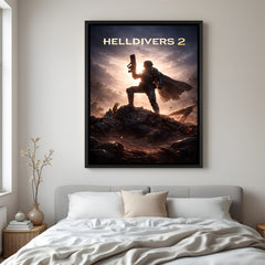 Helldivers Freedom Through Fire wall painting in black floater frame with epic sci-fi combat artwork
